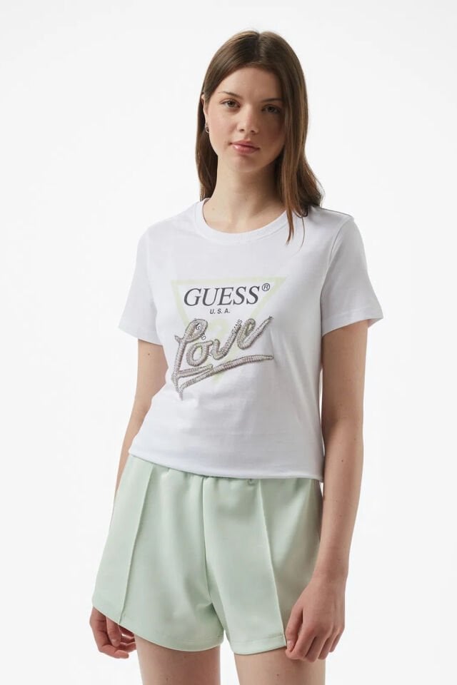 Guess Cn Ss Love Triangle Kadın Beyaz T-Shirt