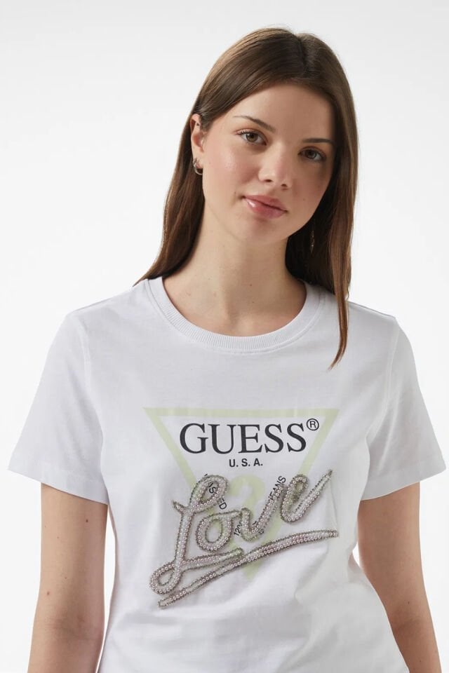 Guess Cn Ss Love Triangle Kadın Beyaz T-Shirt
