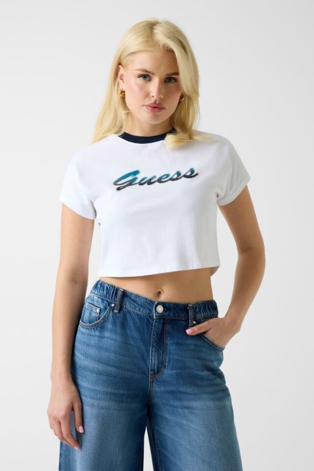 Guess Payetli Kısa Tişört Beyaz