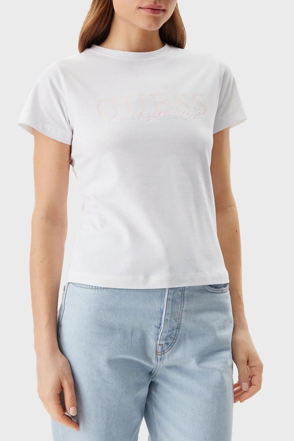 Guess Kamelie Logolu Pamuklu Slim Fit Bisiklet Yaka T Shirt Beyaz