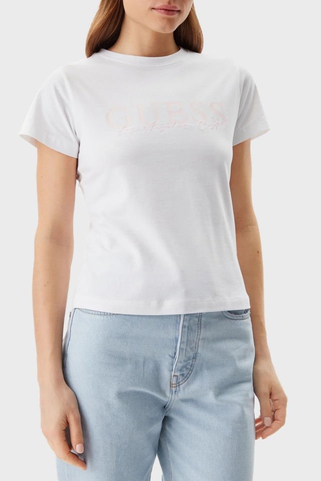 Guess Kamelie Logolu Pamuklu Slim Fit Bisiklet Yaka T Shirt Beyaz