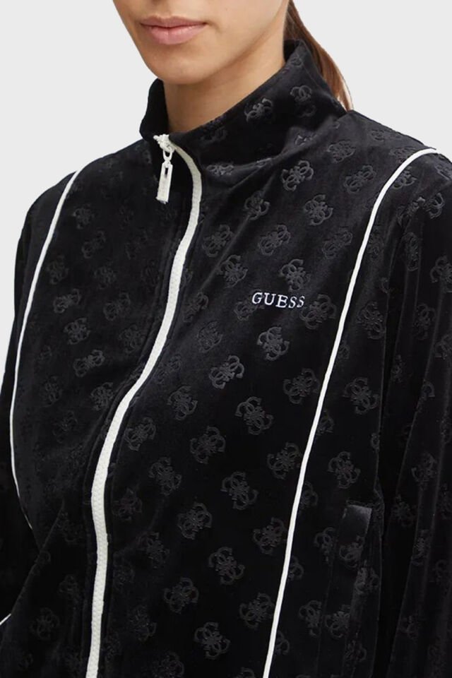 Guess Krissy Logolu Regular Fit Dik Yaka Crop Kadife Sweat Siyah