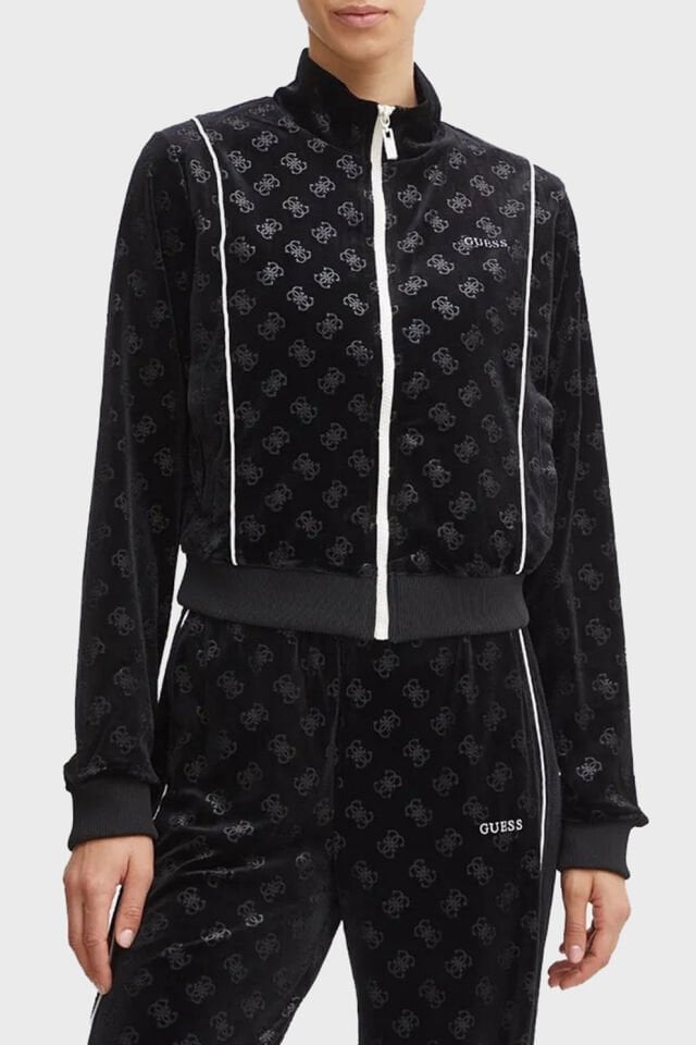Guess Krissy Logolu Regular Fit Dik Yaka Crop Kadife Sweat Siyah