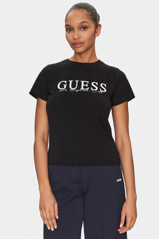 Guess Kamelie Logolu Pamuklu Slim Fit Bisiklet Yaka T Shirt Siyah