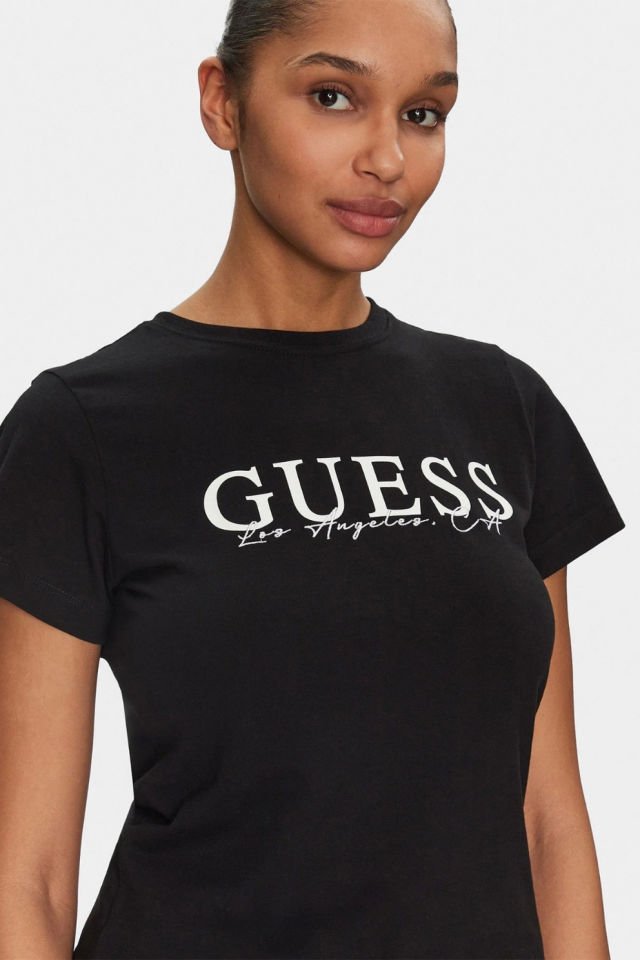 Guess Kamelie Logolu Pamuklu Slim Fit Bisiklet Yaka T Shirt Siyah
